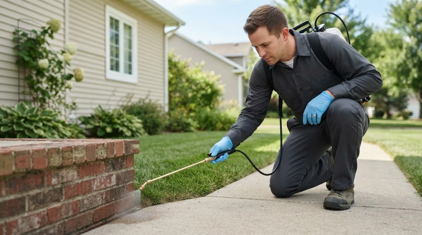 Pest control technician treating a home near Bergheim, TX