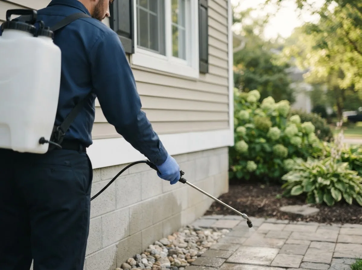 Pest control technician inspecting a home in Bergheim, TX